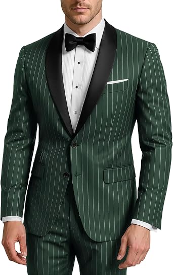Mens Pinstripe Suit 2 Piece Regular Fit Pin Stripe Suit Shawl Lapel Mens 1920s Gangster Costume Party Tuxedo Set