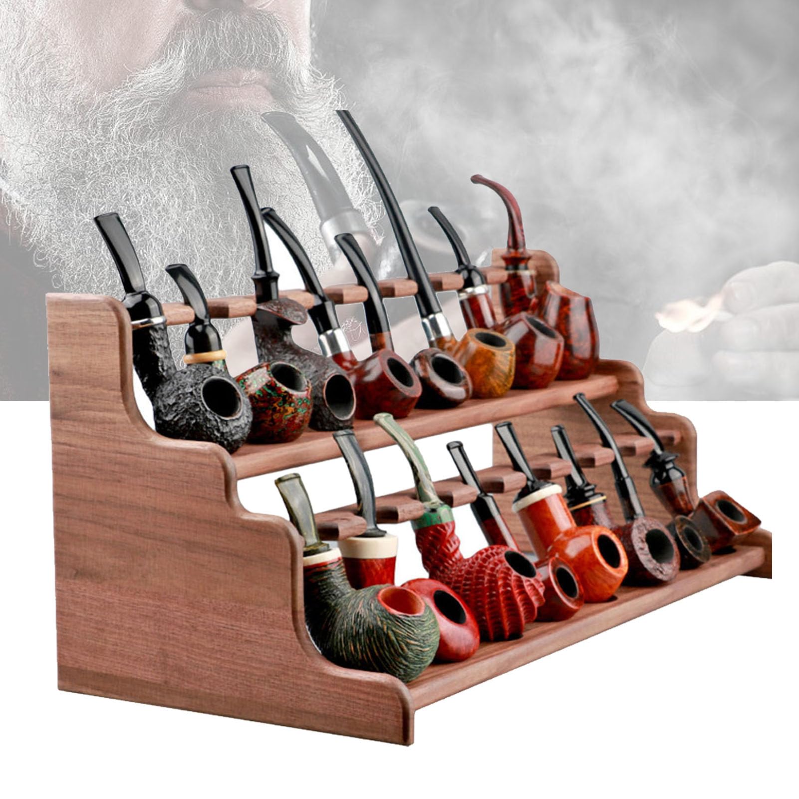 Présentoir à pipes en bois pour 16 pipes droites ou courbées