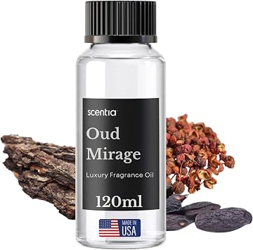 Scentia Oud Mirage Premium Oud Fragrance Oil for Diffusers Luxury Spicy Woody Home Scent with Cardamom, Sandalwood, Patchouli & Tonka Cold Air & HVAC Diffuser Oil Refill 120 ml 4.06 fl oz