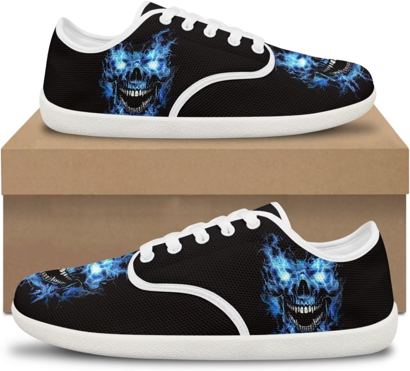 Jeiento Gothic Skull Womens Lace Up Mesh Barefoot Shoes Wide Toe Box Shoes Casual Fashion Sneakers