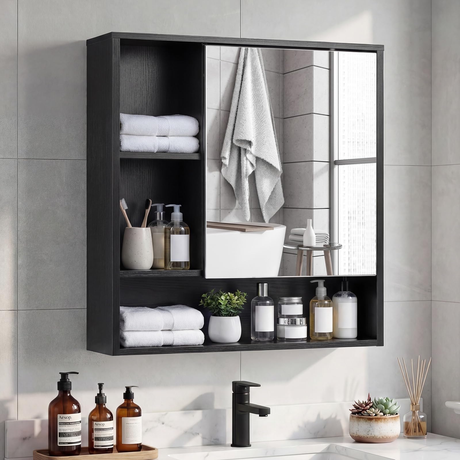COSTWAY Spiegelschrank, Badezimmerschrank mit Spiegeltür & 3 offenen Regalen, Hängeschrank, Aufbewahrungsschrank, Wandschrank für Waschküche, Badzimmer & Flur, 56 x 16 x 61 cm (Schwarz)