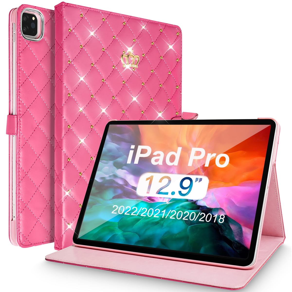 AuroiCCY for iPad Pro 12.9 inch 6th/5th/4th/3rd Case (2022/2021/2020/2018), Girly Woman Cute Crown Elegant PU Leather Bling Diamond Smart Auto Wake/