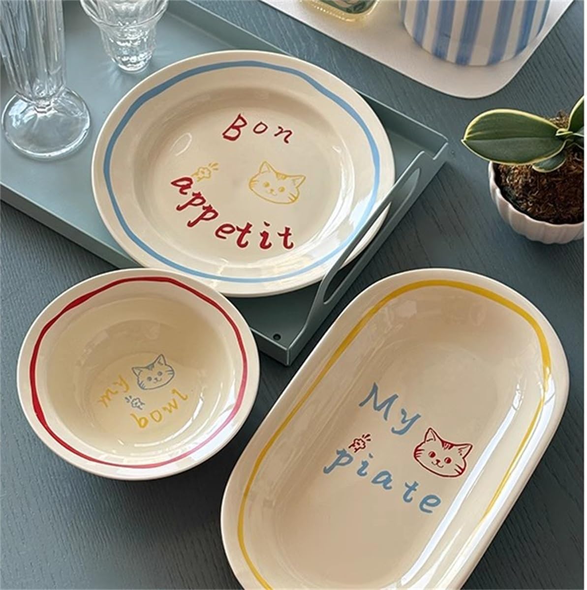 食器セット、かわいい猫柄、多目的ダイニング、日常使い、あらゆる機会に使えるクリーミーな色の陶器(8-inch plate)