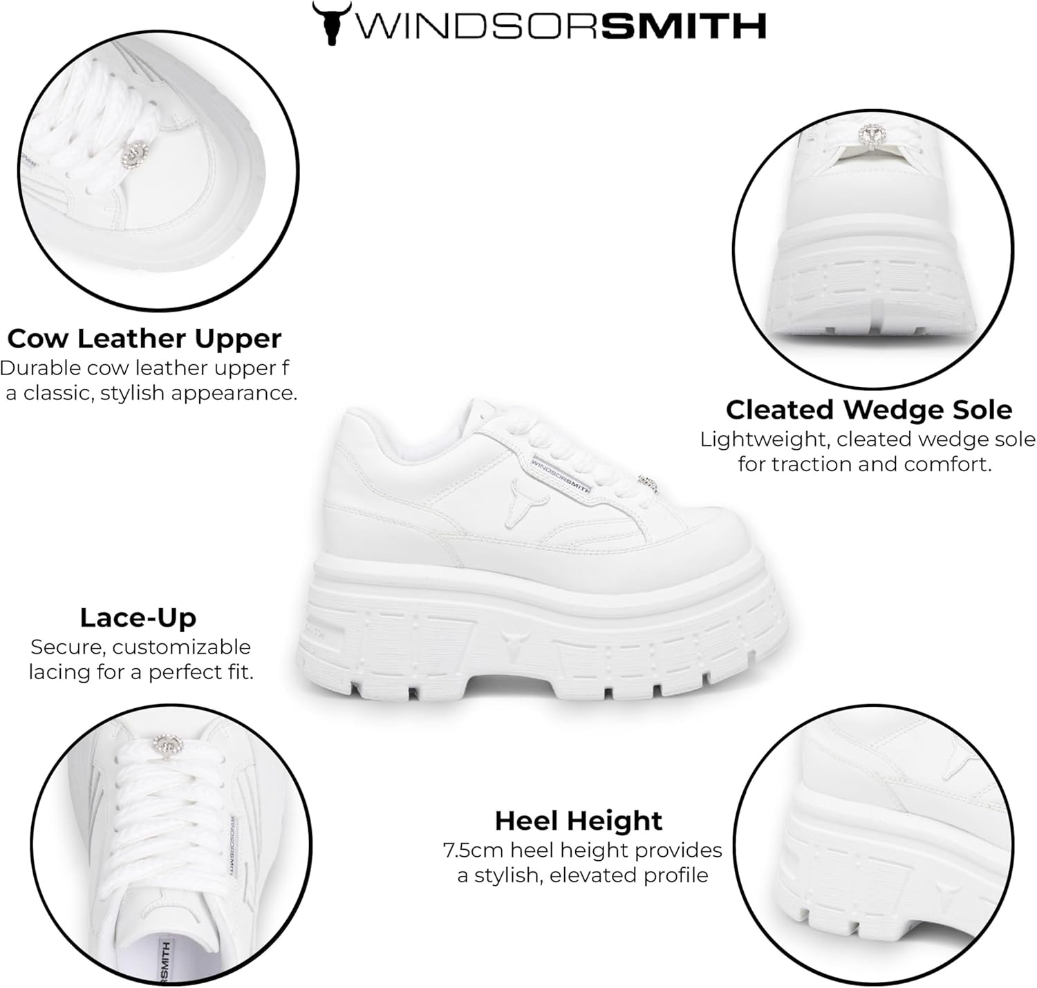 Windsorsmith Womens White Chunky Leather Platform Trainers Sneakers - Swerve