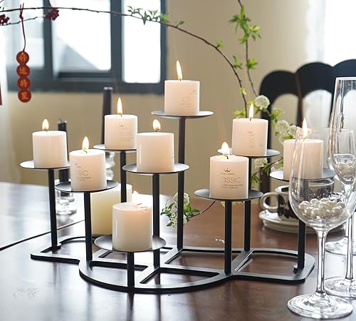 Miniatura 10 de LANLONG Portavelas de chimenea 9 candelabros para velas de pilar soporte de vela negro mesa de hierro decoración de piso de manto decoración de