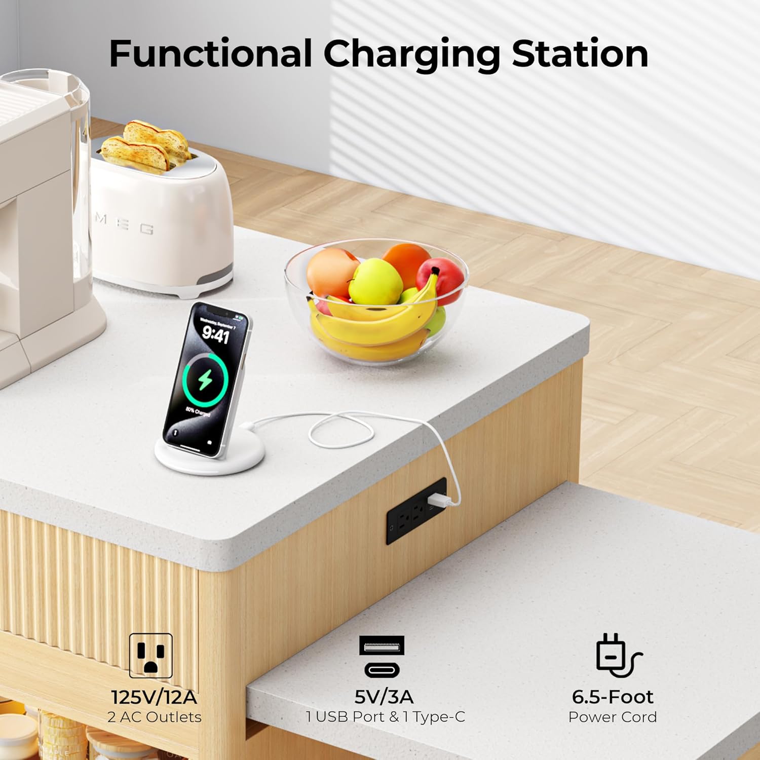 IRONCK 78.7" Kitchen Island with Extendable Dining Table & Storage for 2-6, with Motion-Sensor LED Tempered Glass Cabinet, Charging Station, Spice Racks, Quartz Laminate Top for Dining Room (Oak)