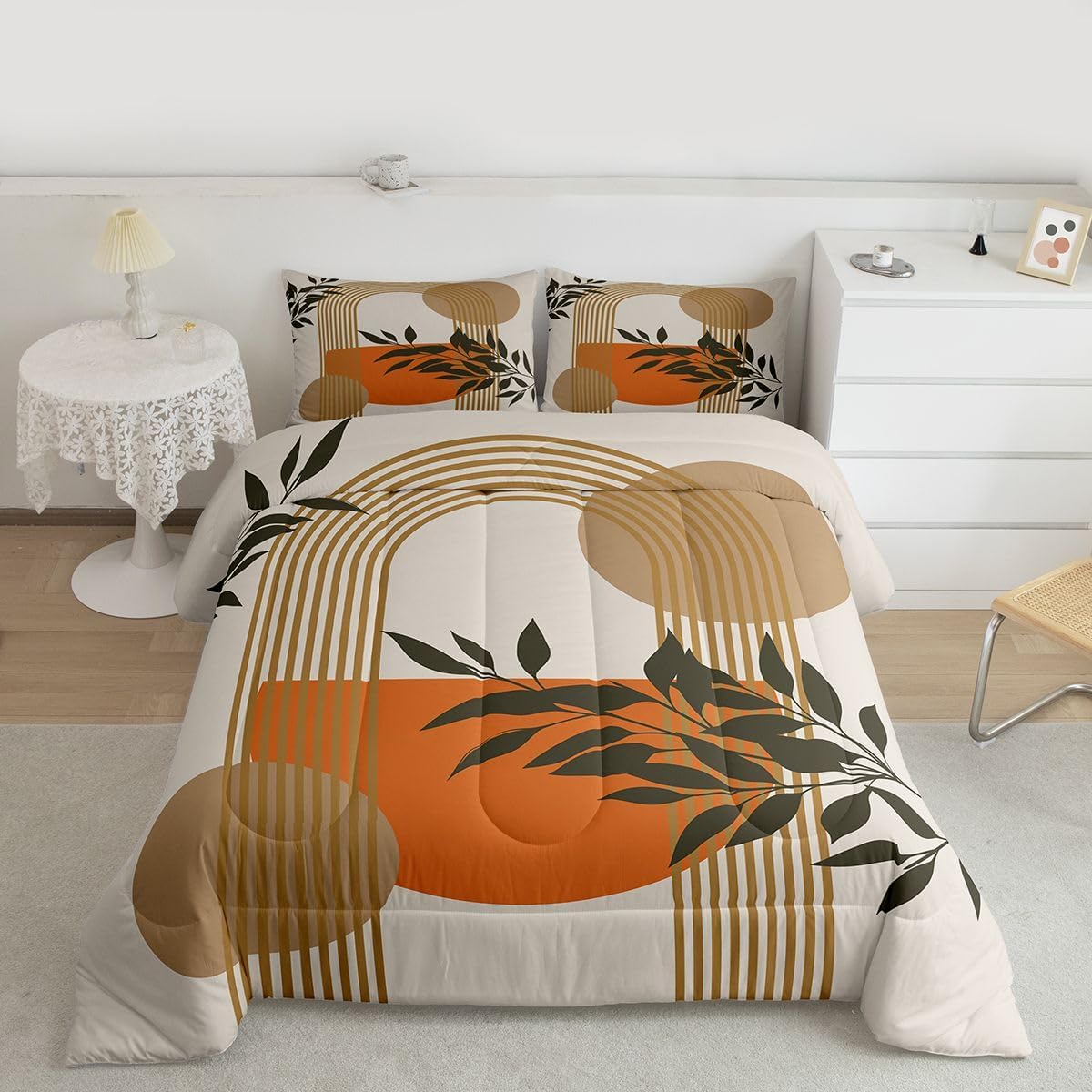 Sun Moon Bedding Set Queen Size Bohemian Leaves Comforter Set For Girls Kids Teens Women Abstract Exotic Geometric Modern Art Line Down Comforter Sunrise Sunset Retro Vintage Room Decor Duvet Set