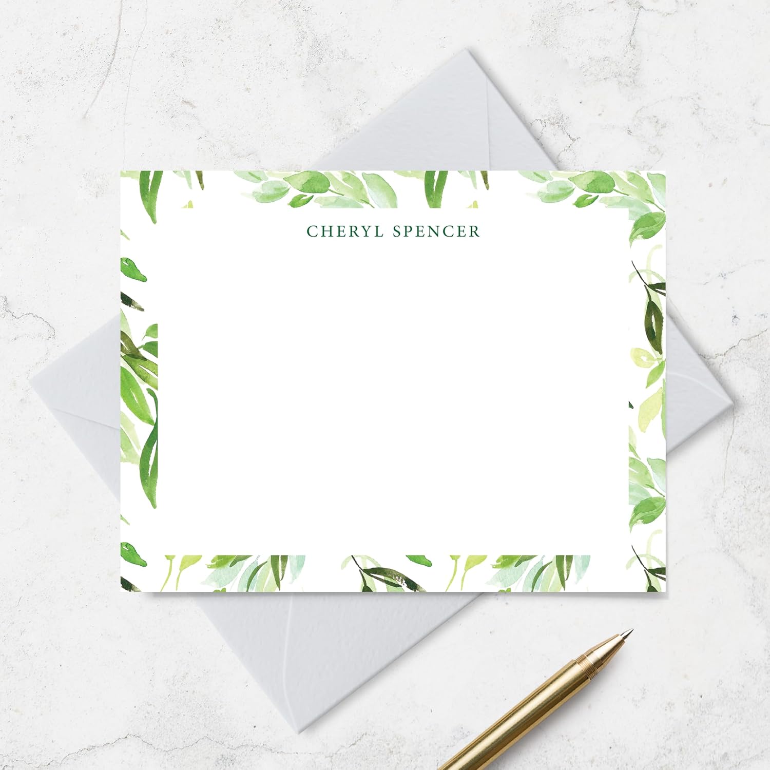 Personalized Floral Border Note Cards and Envelope Stationery Set for Women, Flat A2 Notecard Stationary Set with Flowers and Name in Classic Uppercase Font (Green)