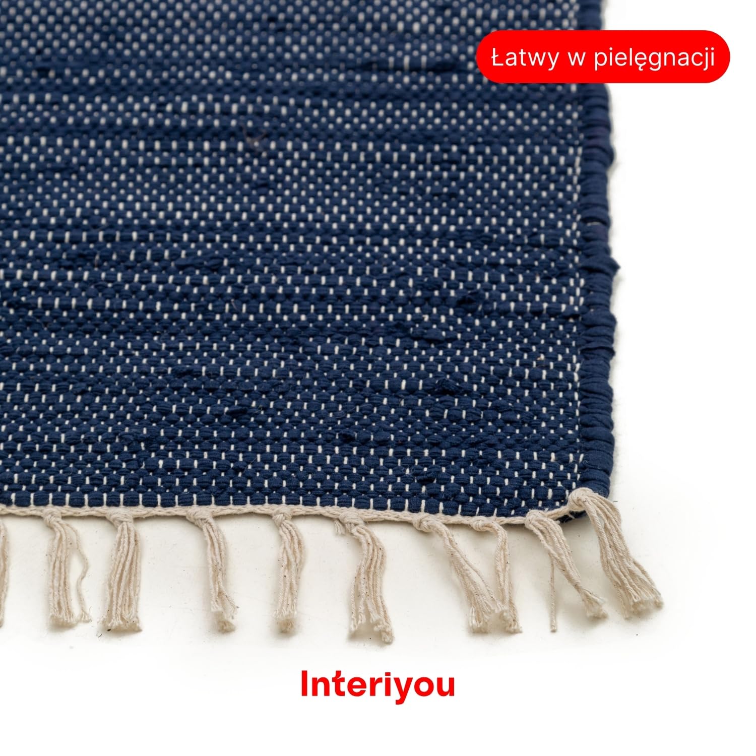 Interiyou dywan salon bawełniany Toledo - 200x300 cm Granatowy - Ręcznie tkany z frędzlami, sypialnia, pokój dziecięcy, jadalnia, kuchnia, przedpokój