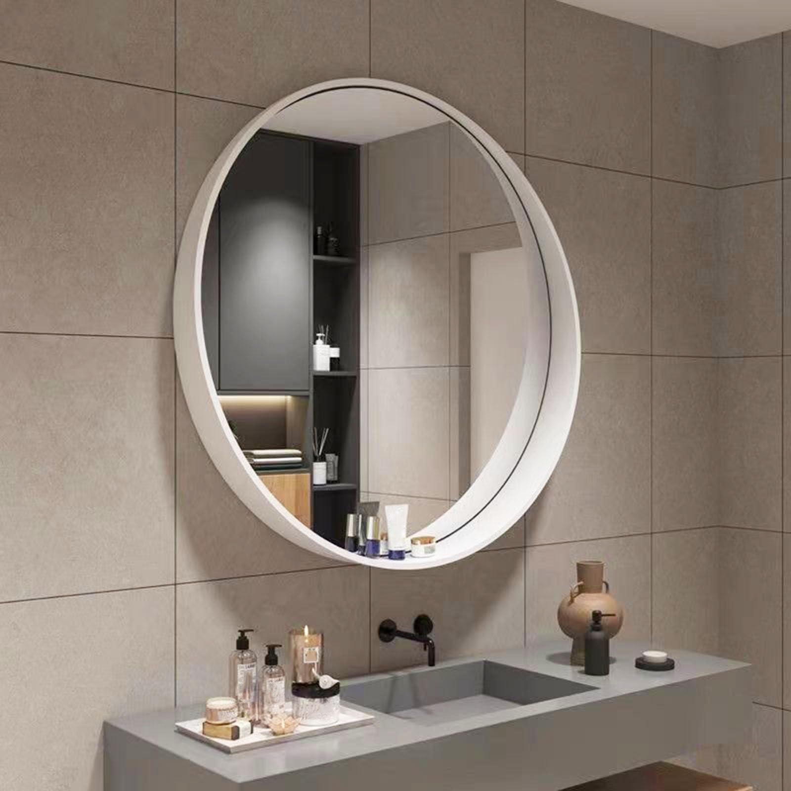 Miroir de salle de bain rond avec étagère bois | Miroir mural anti-explosion HD