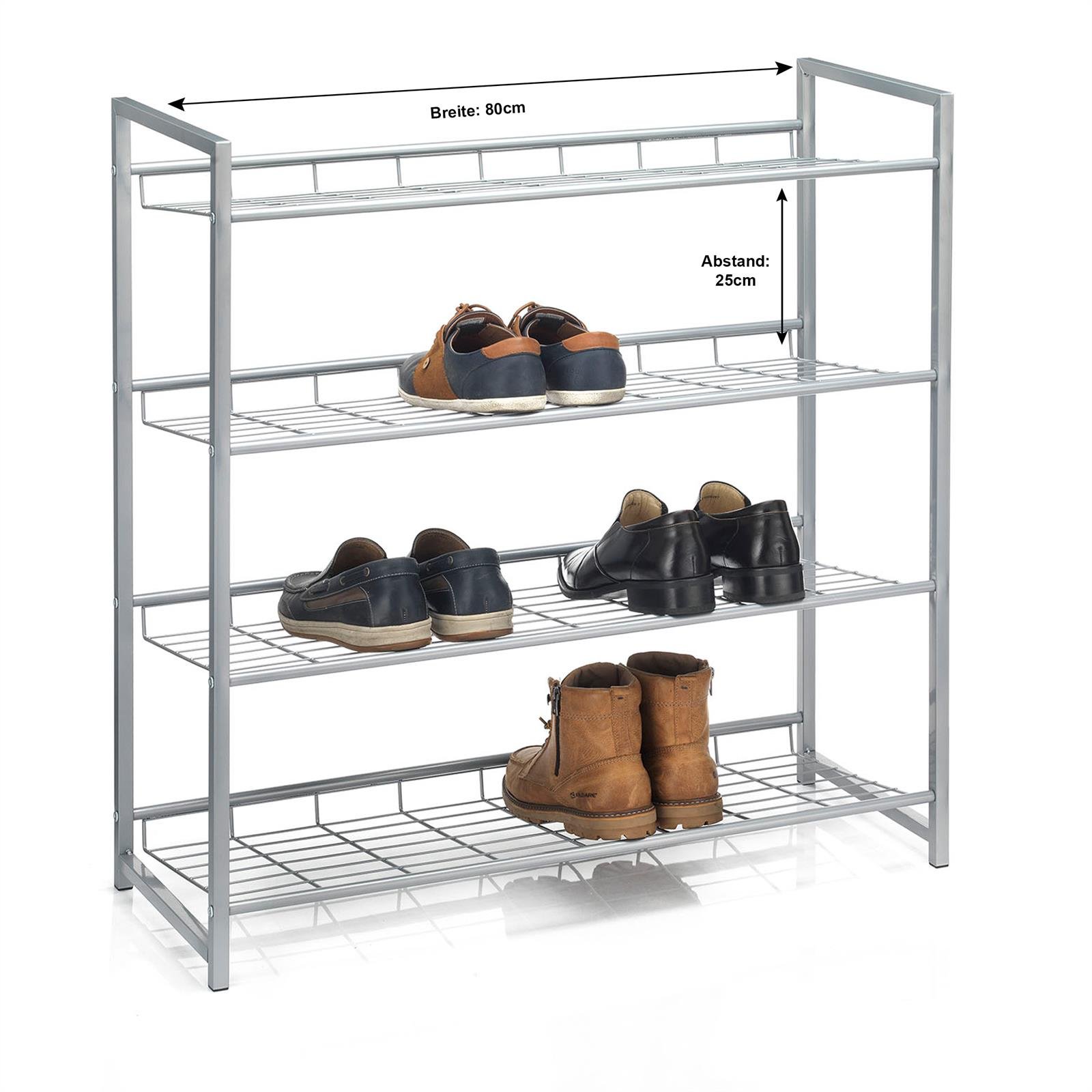CARO-Möbel Schuhregal System Schuhständer Schuhablage mit 4 Fächern für ca. 16 Paar Schuhe, 81 cm breit, Metall Silber lackiert