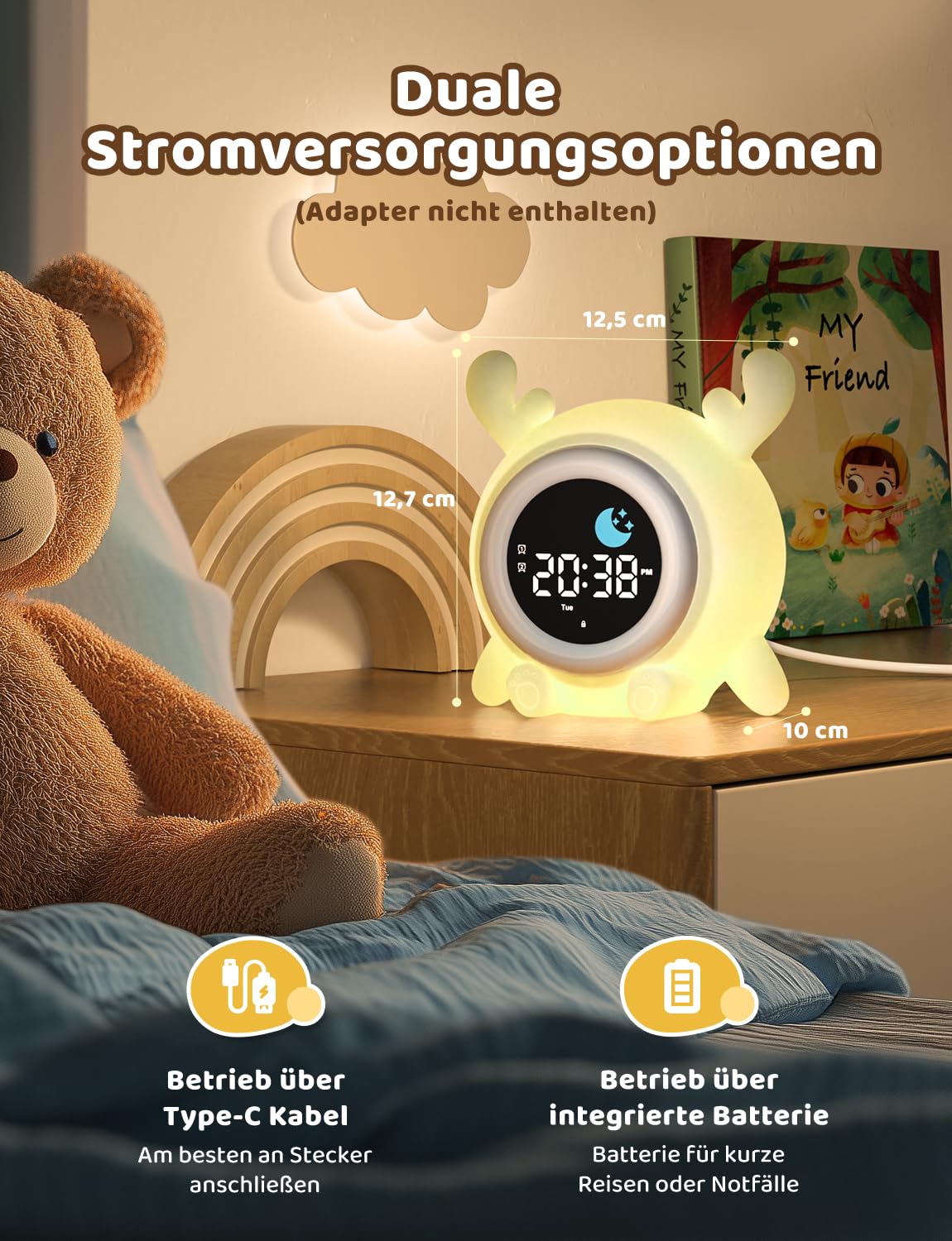 Yissvic kinderwecker Jungen, Schulanfänger Lernwecker Kinder 2 Alarme, Wochenendmodus Snooze 10 White Noise RGB Nachtlicht Wecker,Kinderzimmer Deko Rentiere
