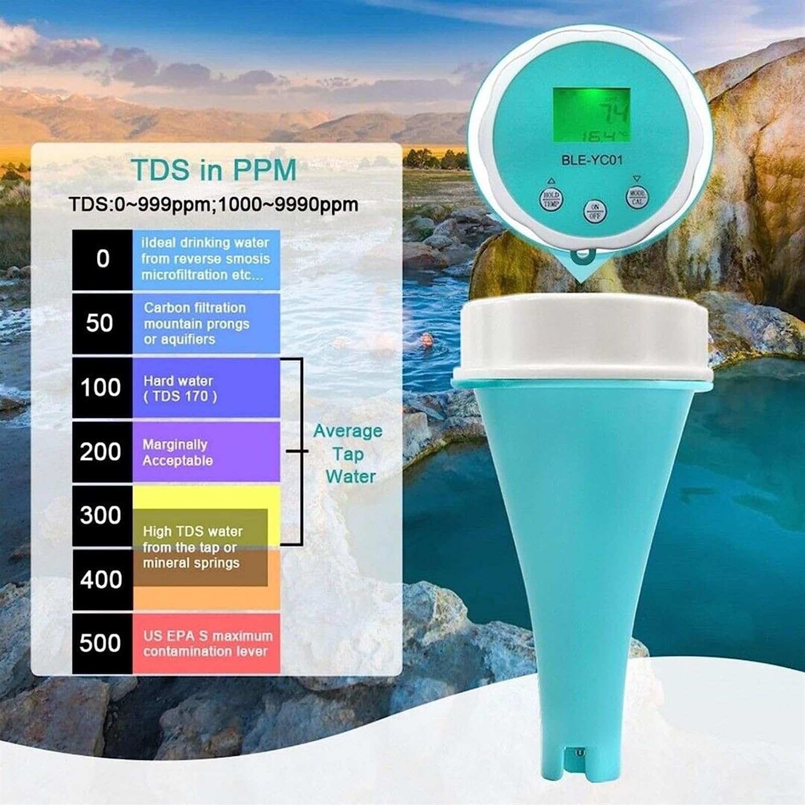 Probador de calidad del agua - Medidor digital Bluetooth 6 en 1 para cloro, ORP, EC, TDS, temperatura y pH - Monitor inteligente para piscinas, jacuzzis, hidroponía