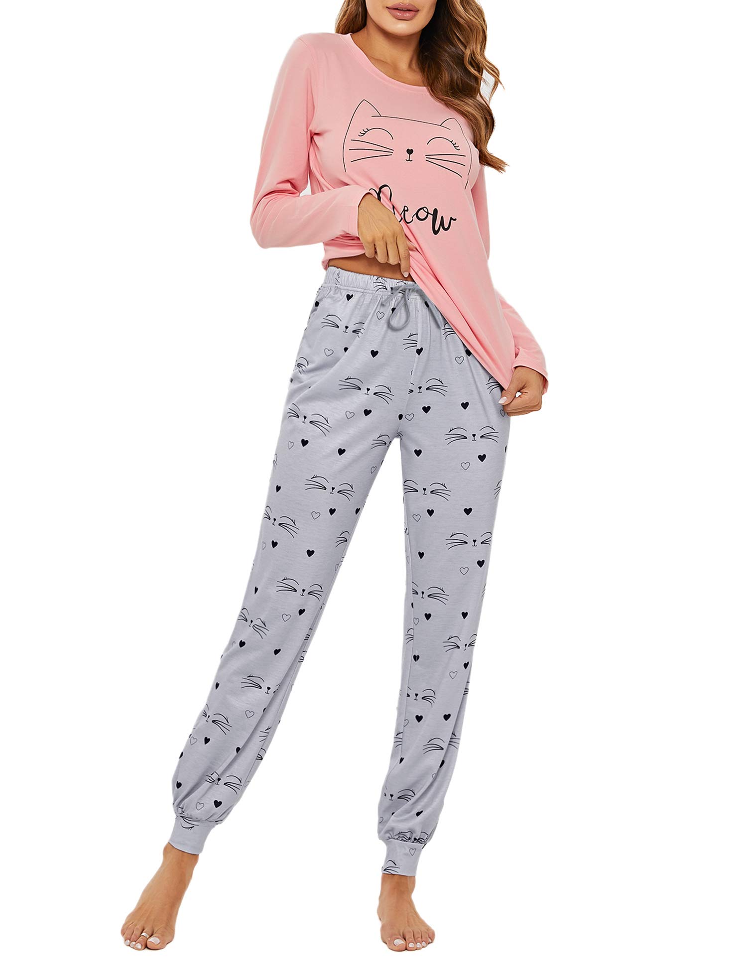 Sykooria Pigiama Donna Invernale Pigiama Donna Cotone Leggero Pigiama Lungo Donna Caldo Pantaloni Lunghi Casual con Tasca e Top con Motivo a Carino Due Pezzi S-XXL