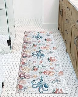 Marine Life Shower Mat Non Slip Bathtub Mat Oxygen Coral Jellyfish Shell Summer Cartoon Oceans Bath Mat Soft Loofah Shower Mats for Shower Tub Bathroom Quick Drying Foot Mat, 16x36 Inch