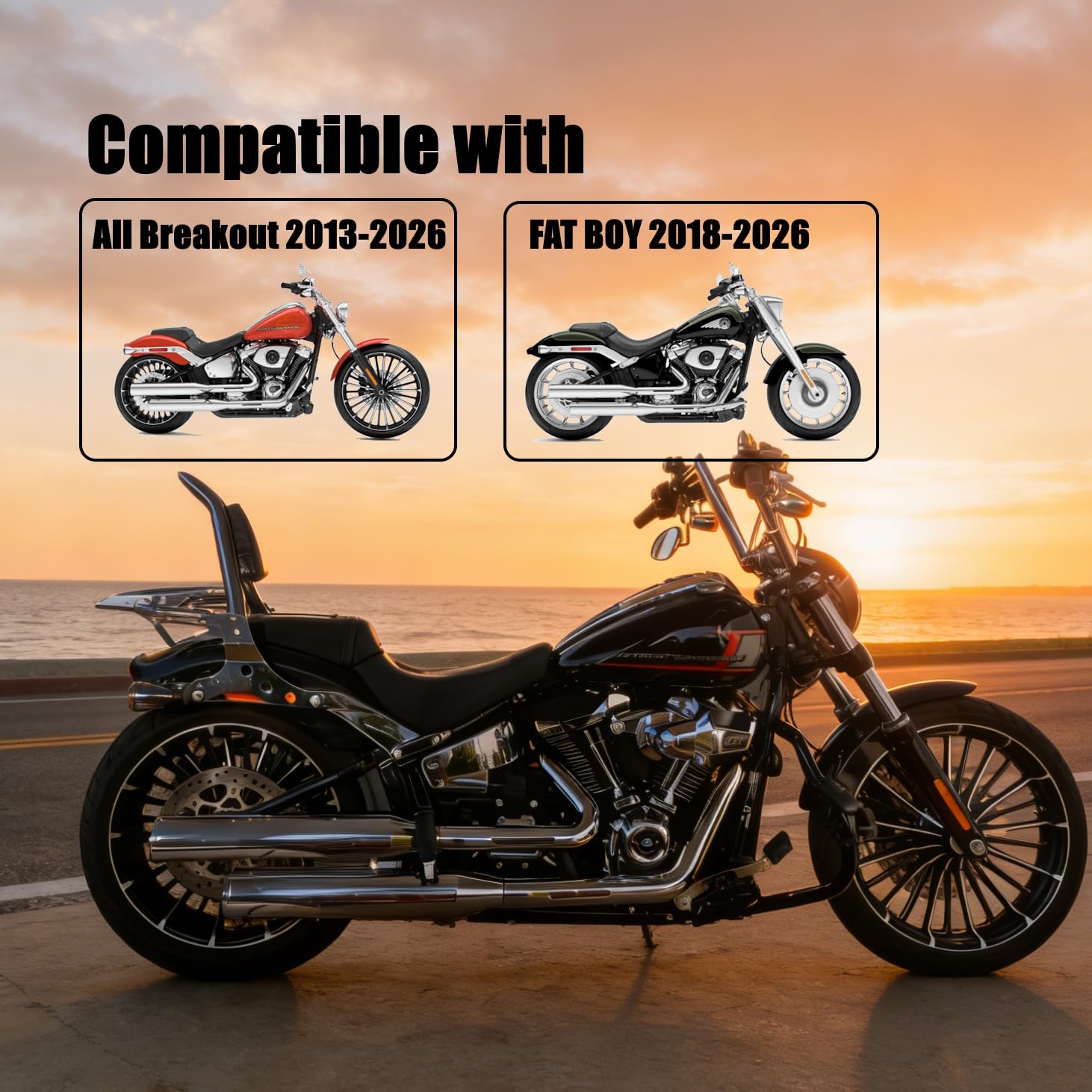 Chrome Sissy Bar, Detachable Passenger Backrest Rear Pad Fit for Fatboy FLFBS 2018-2024 Breakout 2013-2024