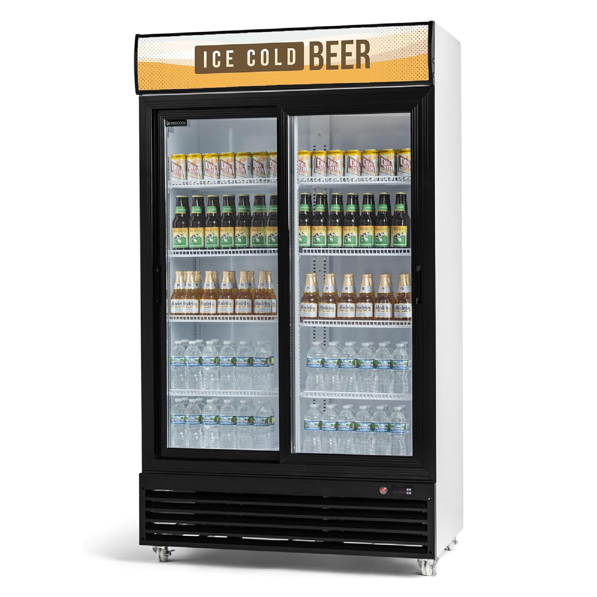 Procool White Sliding 2-Door Display Fridge, 35.3 CuFt, Ice Cold Beer Sign