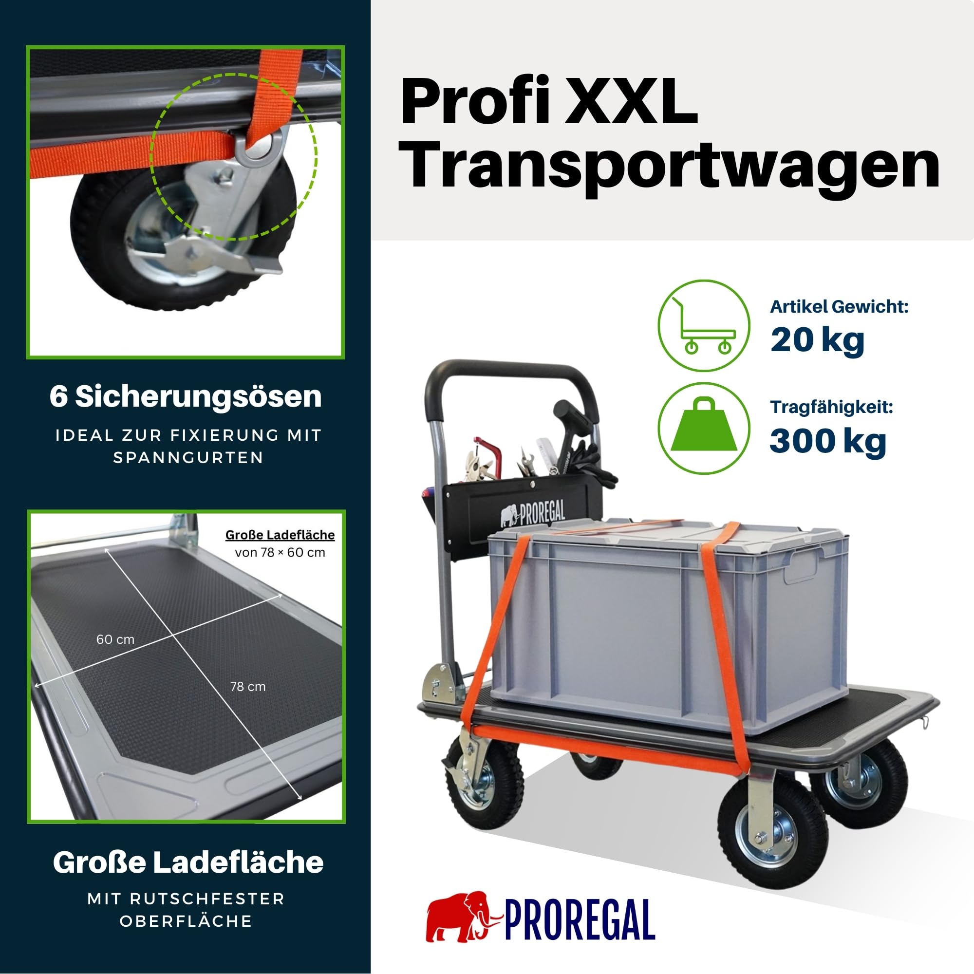 PROREGAL Chariot à Plateforme Professionnel BIG Rhino 300 kg Pliable avec pneus pneumatiques, roulettes pivotantes à 360° et roulettes Fixes avec Frein de stationnement