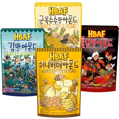 Official Gilim HBAF Paquete de regalo de 4 sabores de almendras sazonadas coreanas (maíz horneado, 1 x 6.70 oz, lavanda, 1 x 7.41 oz, mantequilla de