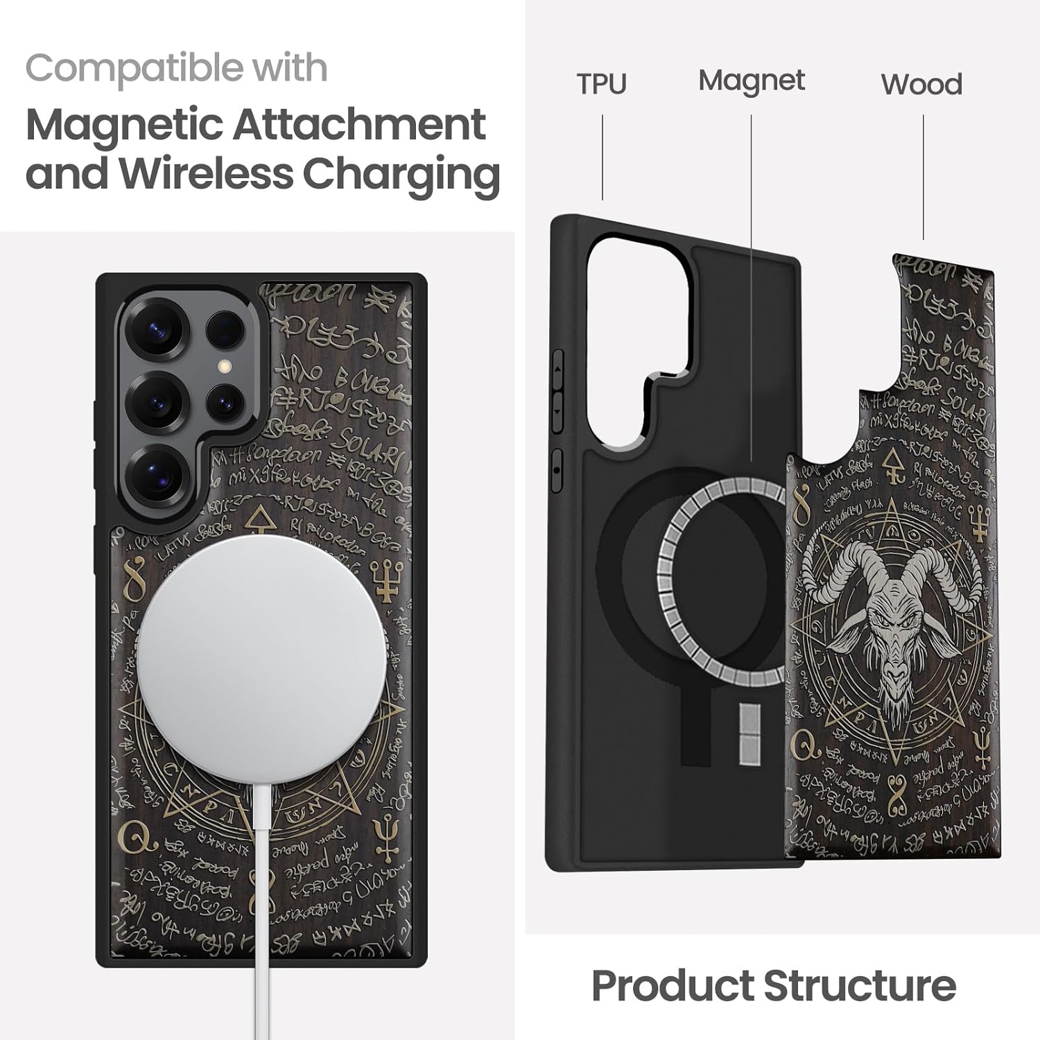 Magnetic for Samsung Galaxy S25 Ultra Case Compatible with MagSafe Wireless Charging, Natural Wood Cover & Shockproof TPU Phone Case, Dark Wood Hand-Drawn - Baphomet Seal