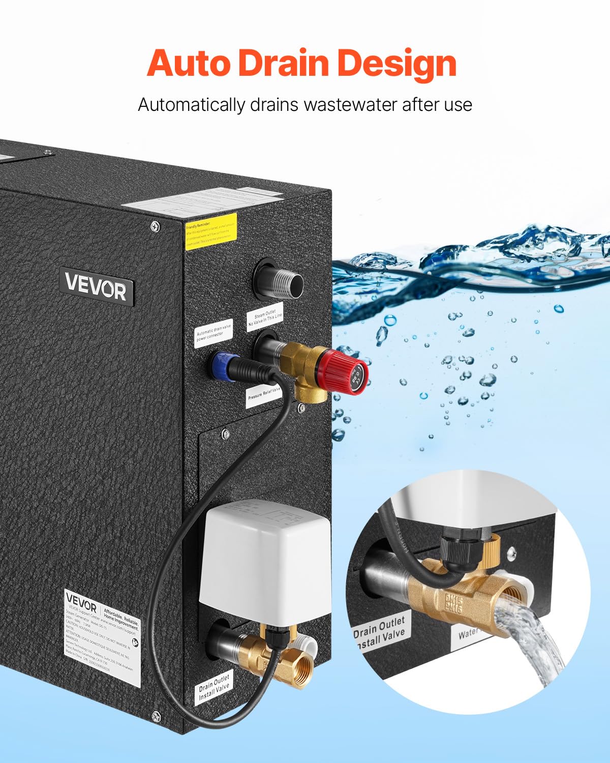 VEVOR Generador de Vapor 7,5 kW para Sauna, Ducha, Baño, Spa, con Controlador, Kit de Drenaje Automático, Protección contra Sobrecalentamiento, Funcionamiento en Seco, 485 x 185 x 380 mm, Negro
