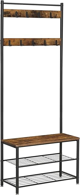 VASAGLE Coat Rack, Coat Stand with Shoe Storage Bench, Hall Tree with Shoe Rack, 3-in-1 Design, Steel Frame, for Hallway, Entrance, 32 x 70 x 175 cm, Industrial, Rustic Brown and Black HSR41BX