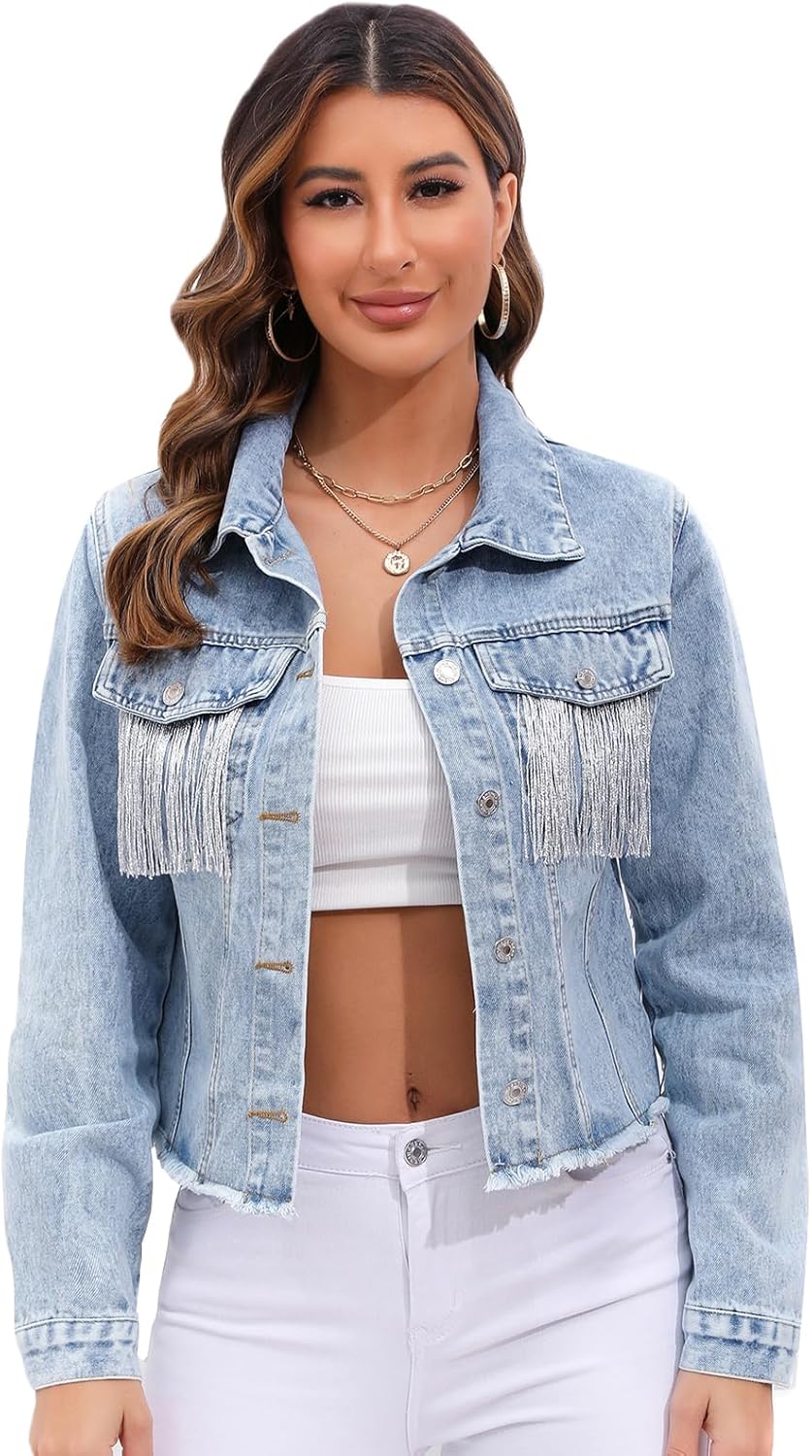 Women Fringe Denim Jackets Casual Oversized Jean Coats