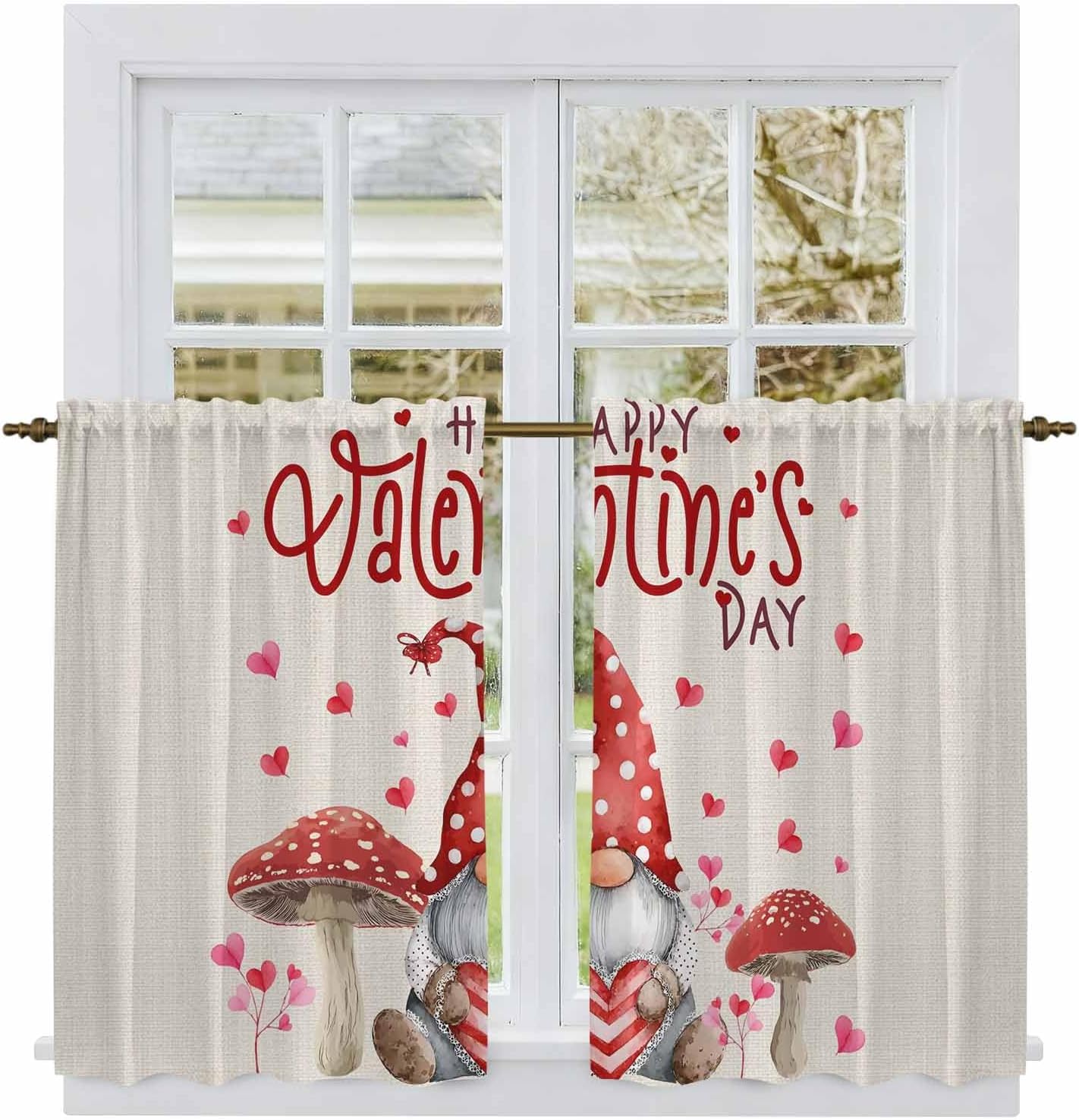 Valentine's Day Kitchen Curtains, Red Love Heart Gnomes Mushrooms Romantic Beige Light Filtering Window Curtain, 2Pcs Rod Pocket Window Treatments Set for Study Room Bathroom Bedroom 52x54 Inches