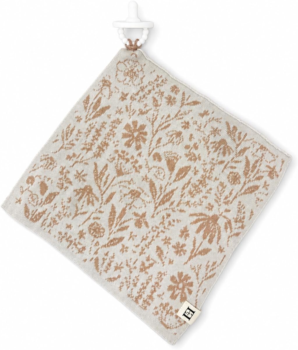 L+L USA 100% Organic Cotton Baby Lovey – Soft Breathable Knit Security Blanket with Pacifier Holder Loop – Neutral Floral Print Comfort Blanket for Babies & Toddlers – Nude/Cream