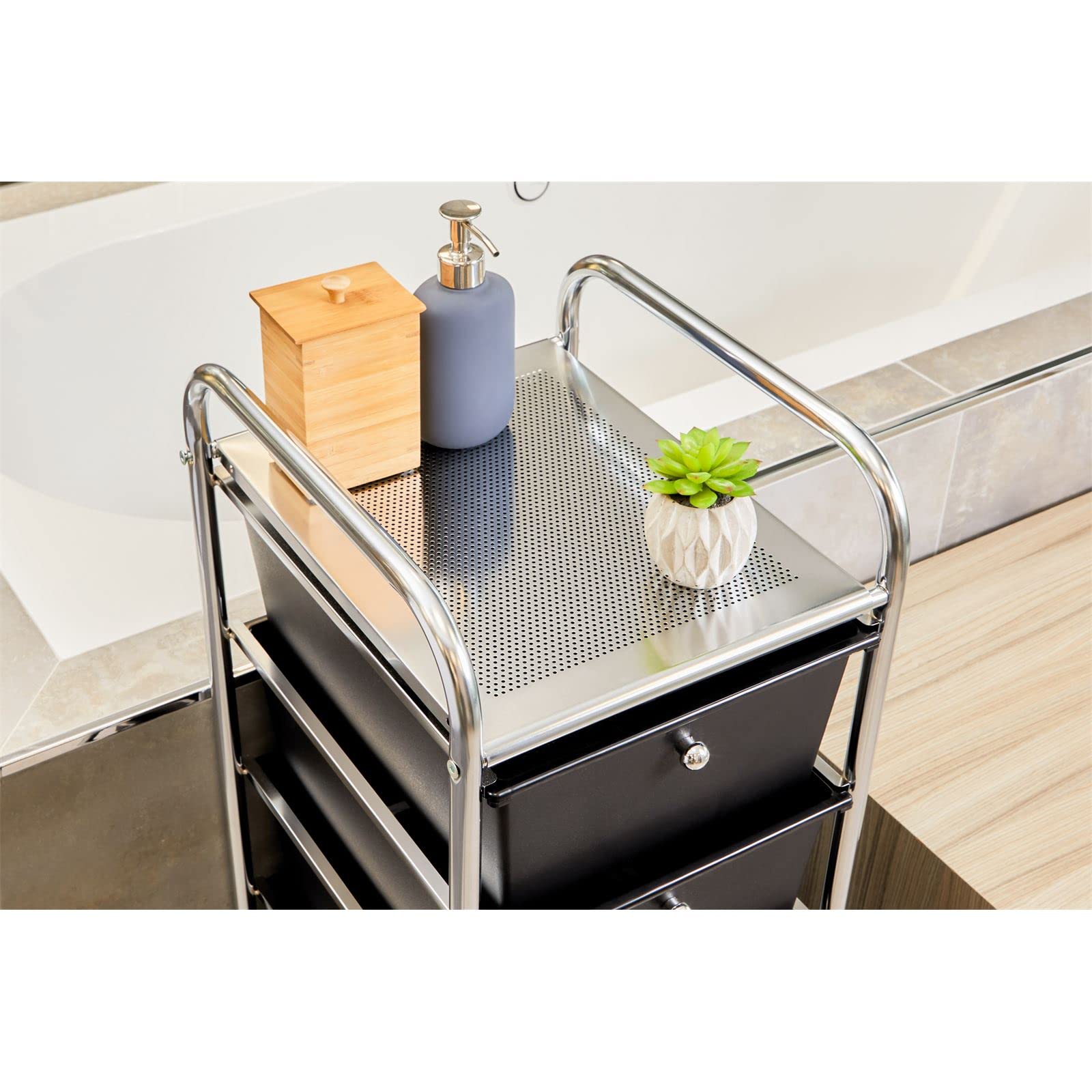 IDIMEX Rollcontainer GINA, Chrom/schwarz - Rollwagen mit 5 Schubladen, lackiertes Metallgestell in Chrom auf Rollen, Friseurwagen, Badezimmerschrank, Kosmetik Aufbewahrung