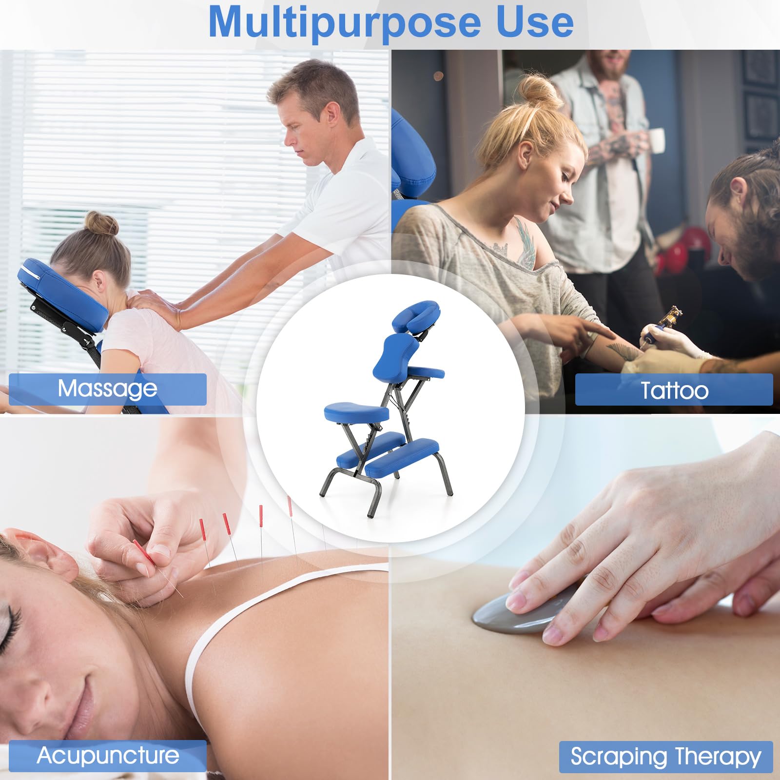 GOPLUS - Silla de masaje plegable con altura ajustable 110-120 cm, cojín con 24D esponja elástica de buena recuperación, diseño ergonómico, bolsa de transporte, carga 150 kg (azul)