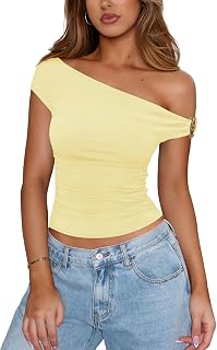 Womens Summer Off The Shoulder Tops for Women Trendy Ruched Double Lined Shirts Cute Going Out Date Night Top