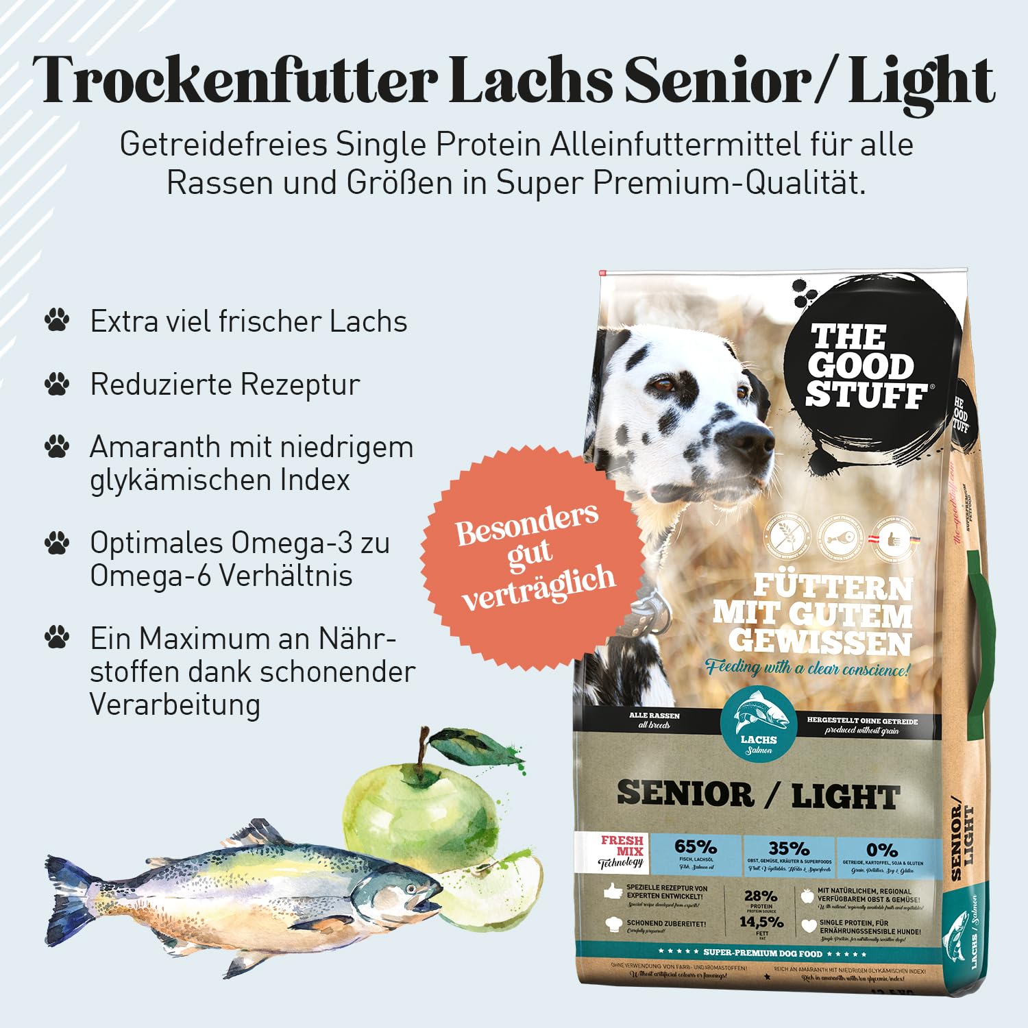 The GOODSTUFF Lachs (Senior/Adult Light) 12,5 kg | Getreidefreies Hundetrockenfutter mit frischem Lachs | Für Hunde mit wenig Aktivität | Hundefutter trocken | Super-Premium Trockenfutter für Hunde