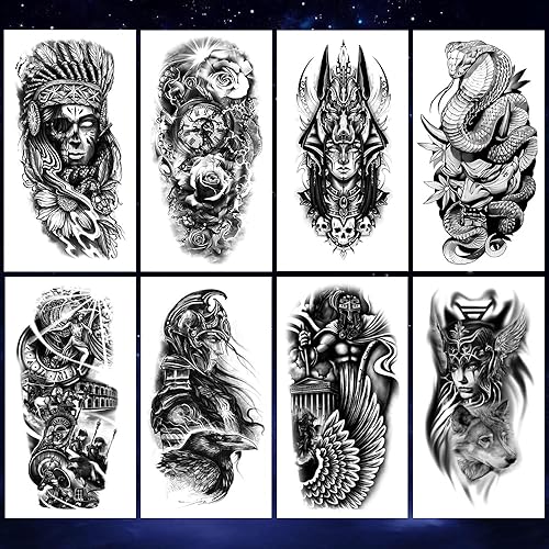 Miniatura 2 de 8 hojas impermeables brazo pierna falso tatuaje temporal indio cráneo serpiente egipto Anubis flor brújula Prajna griego mito soldado