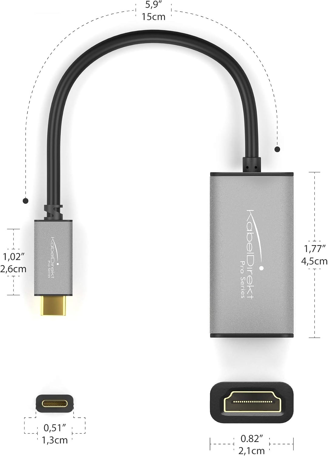 KabelDirekt – USB C to HDMI Adapter – 6 inches – (up to 4K 60Hz, USB C 3.1 and Thunderbolt 3, Suitable for MacBook Pro 2016, 2017, MacBook 12 Inches, Chromebook Pixel, Other Devices) – Pro Series