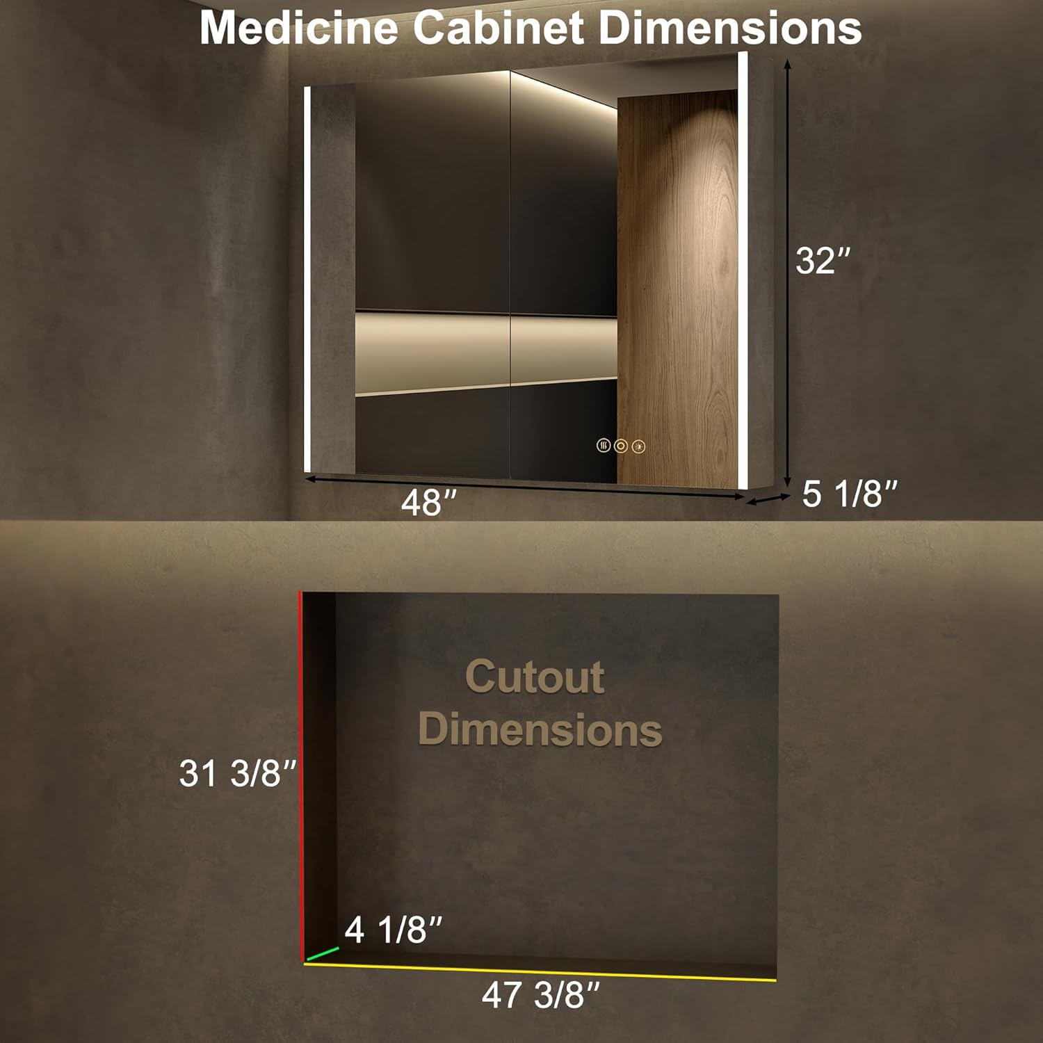 Diagram showing the dimensions of the HBEZON Medicine Cabinet (48 inches wide, 32 inches high, 5 1/8 inches deep) and the recommended cutout dimensions for recessed mounting (47 3/8 inches wide, 31 3/8 inches high, 4 1/8 inches deep).