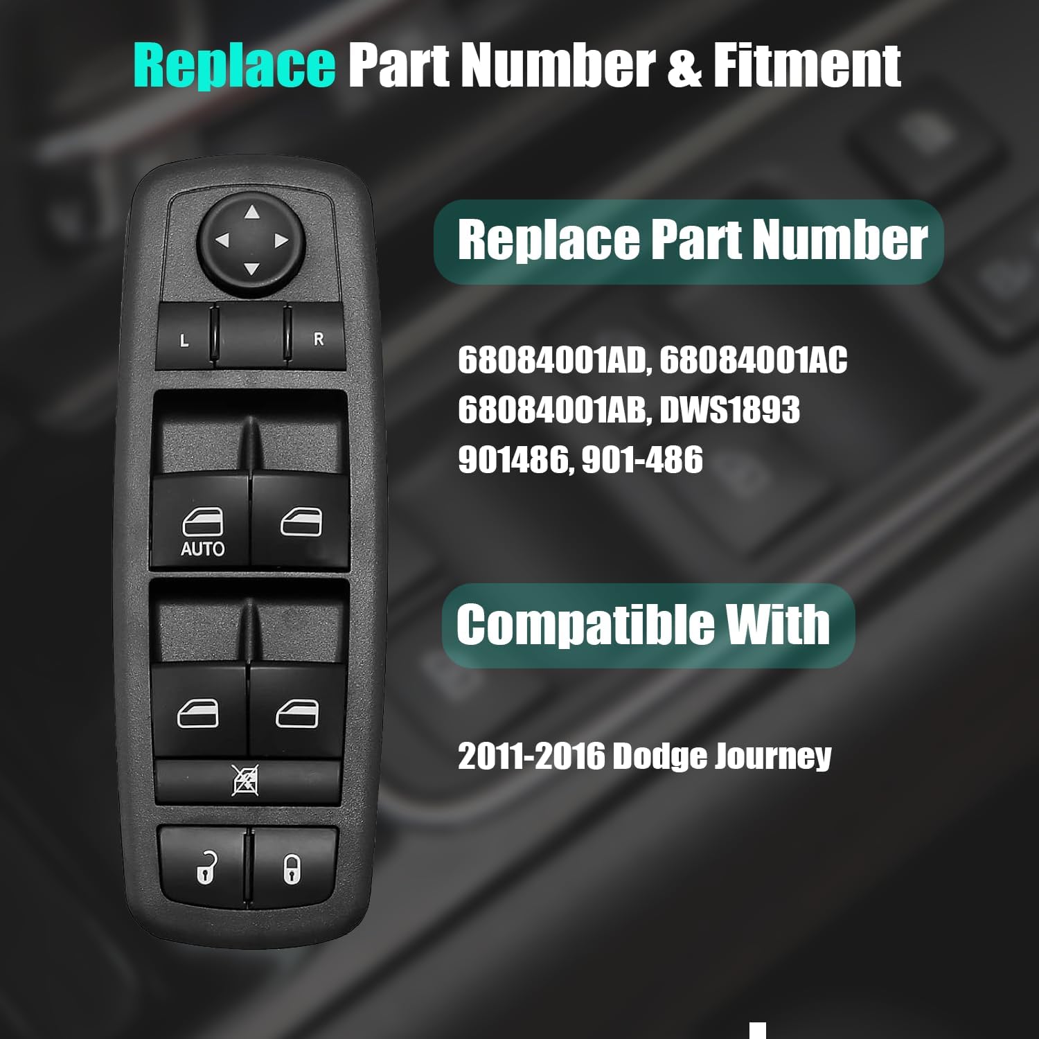 Master Power Window Control Switch for 2011-2016 Dodge Journey 11 12 13 14 15 16 68084001AD 68084001AC 68084001AB, 8+13 PINS, Driver Side Door Lock Window Master Switch Controller