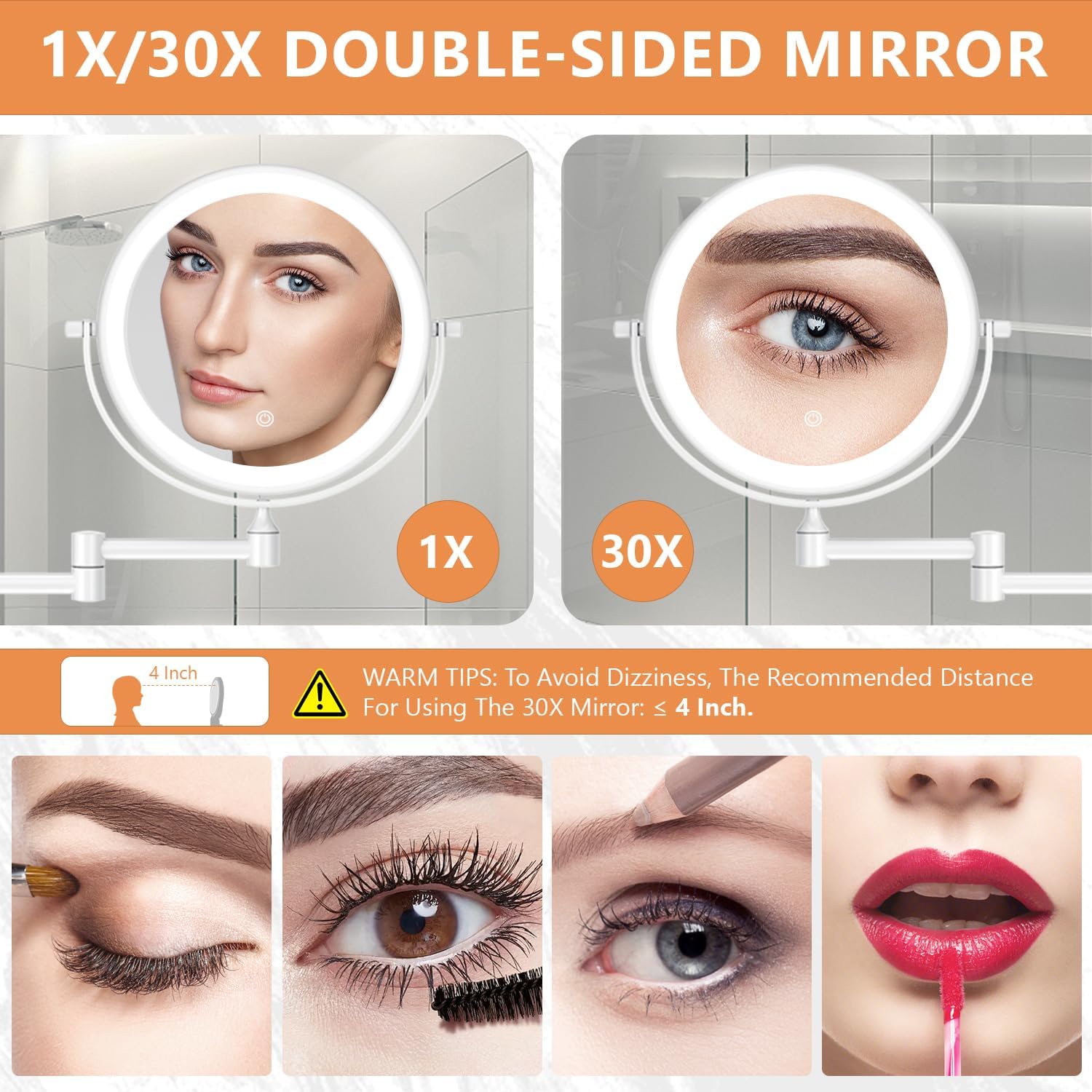 Auxmir 1X/30X Wall Mounted Makeup Mirror with Light, 8" Rechargeable Double-Sided Magnifying Mirror, Vanity Mirror Dimmable 3 Color Light, 360° Extension Rotation Foldable 14.5 Inch Arm, White