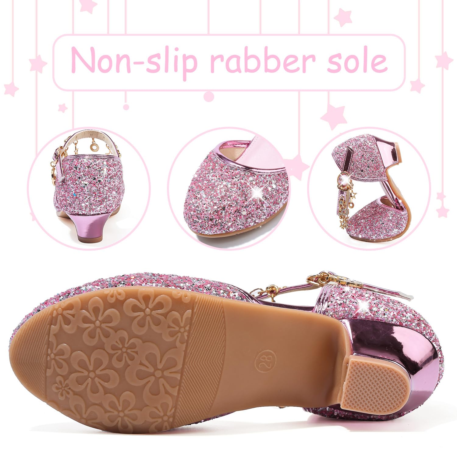 Chaussure Princesse Fille Paillettes Déguisement Talon Haut Cosplay Mariage Noël Anniversaire Cérémonie Fête Danseuses Ballerines Sandale Crystal Bling - 5