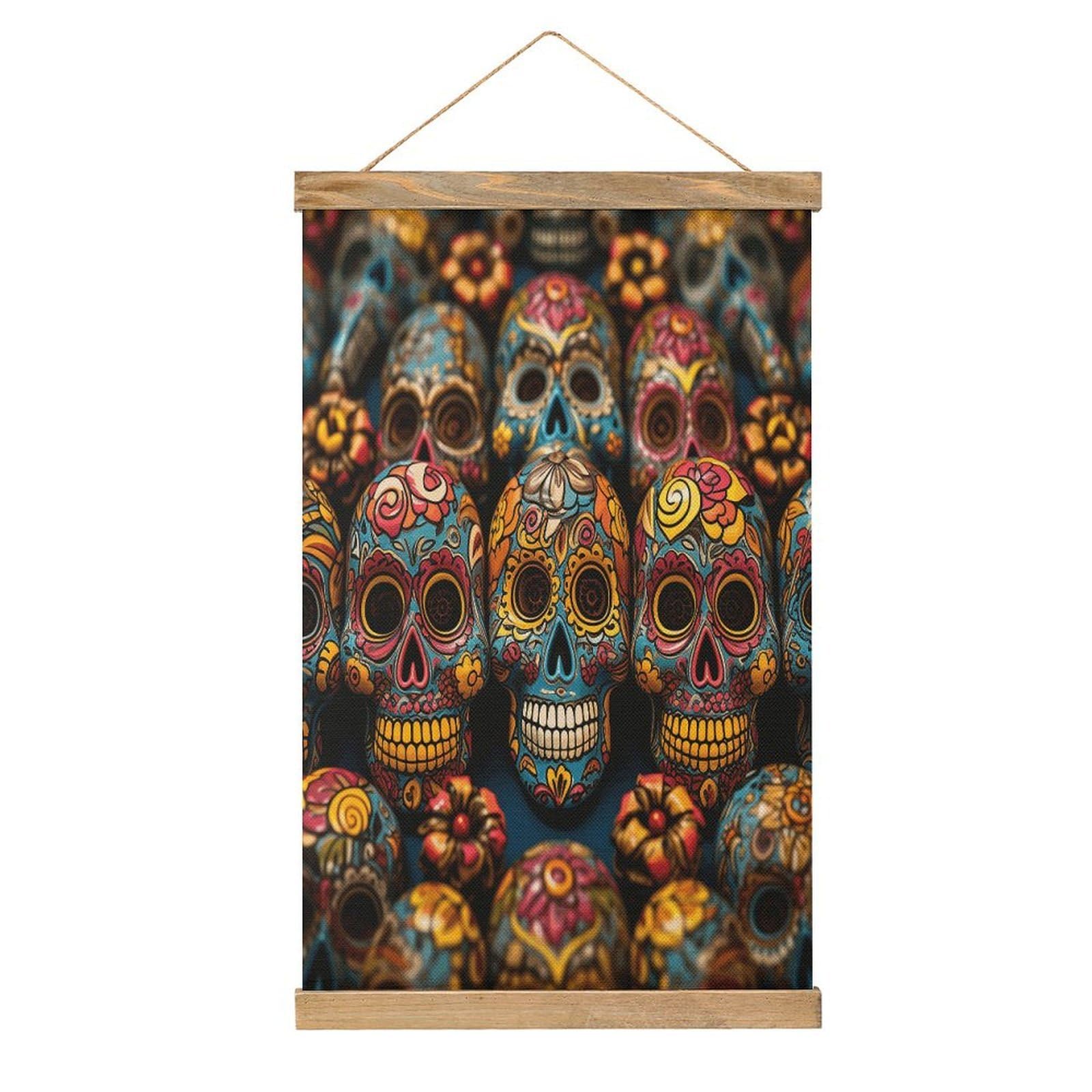 VstaDank Colorful Sugar Skulls Poster with Wooden Frame Hanger Art Painting Wall Decor Poster Wall Hanging Wooden Frame 13x20 Wood Poster Hanger for Photo Picture Art Canvas Print Artwork