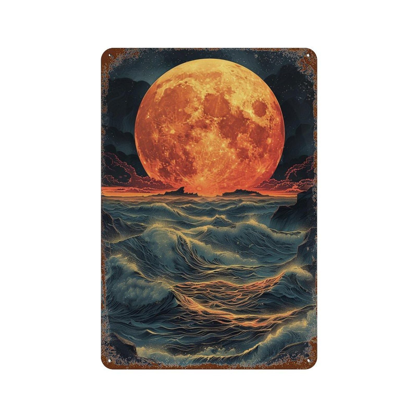 Full Moon Over Ocean Waves Rust Effect Tin Sign 11.8"x7.9", Vintage Wall Decor for Pub, Kitchen And Man Cave Decor
