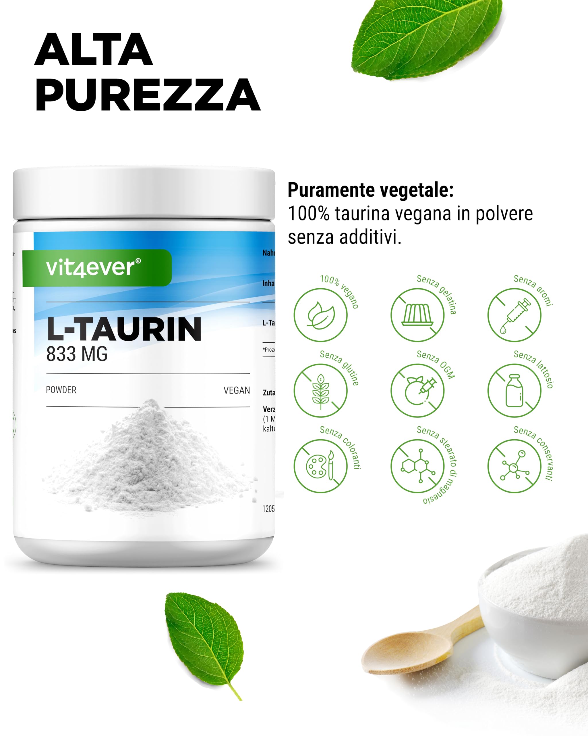 Taurina in polvere - 1000g (1kg) - Solubilità ottimale - Vegan - 99% di purezza - Qualità Premium testata in laboratorio - L-Taurina Aminoacido