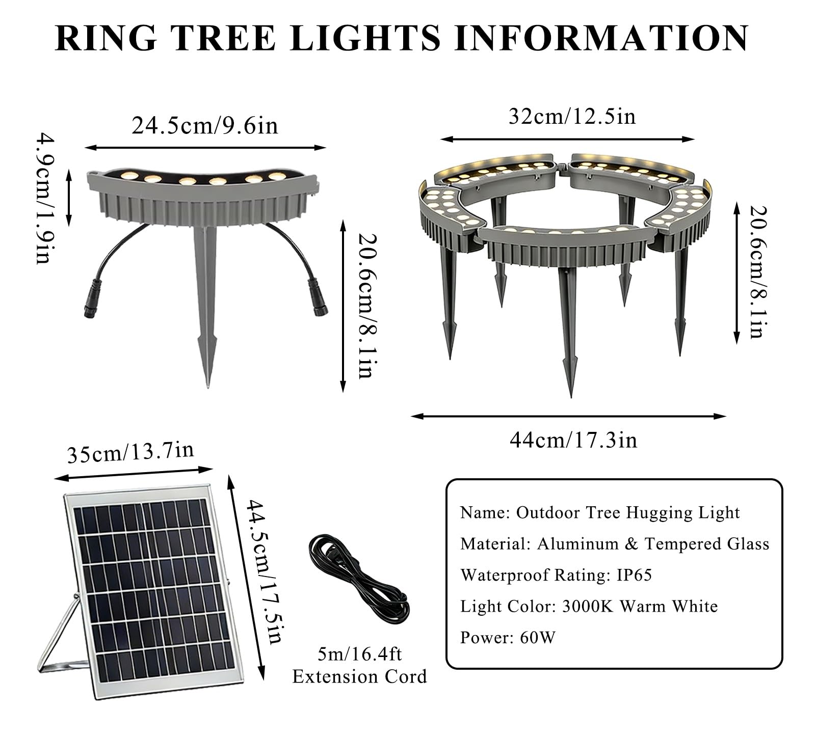 Lampa ogrodowa LED, solarne oświetlenie drzew z pilotem zdalnego sterowania – pierścienie 60 W do użytku na zewnątrz do dekoracji trawników i ścieżek, idealna do ogrodów, tarasów i imprez