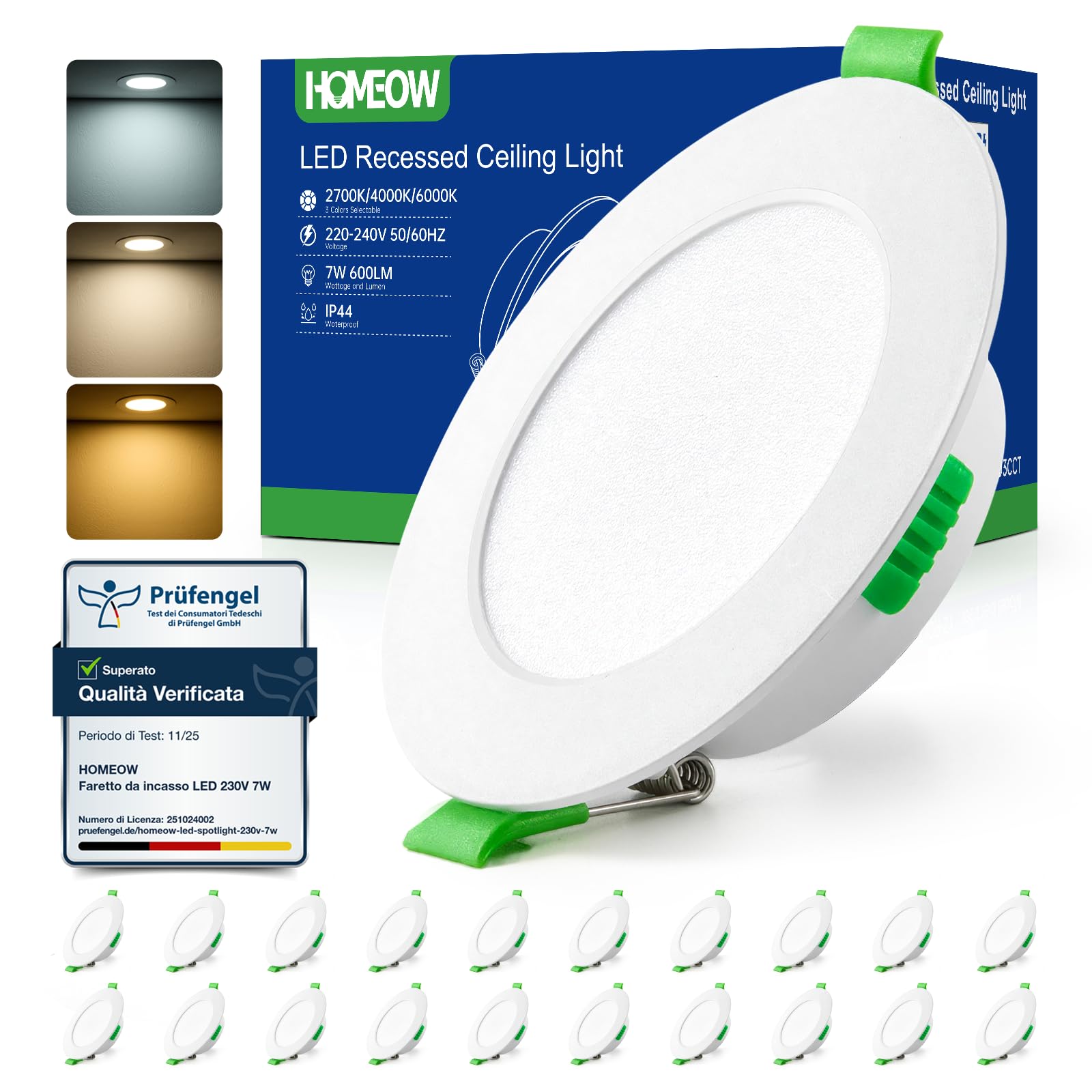 HOMEOW Faretti Led da Incasso per Cartongesso 7W, Diametro Foro 75-90mm, 24mm Ultrasottili, IP44 Faretti Led Soffitto, Regolabile Caldo 2700K, Neutro 4000K e Freddo 6000K, Non Dimmerabile, Set di 20