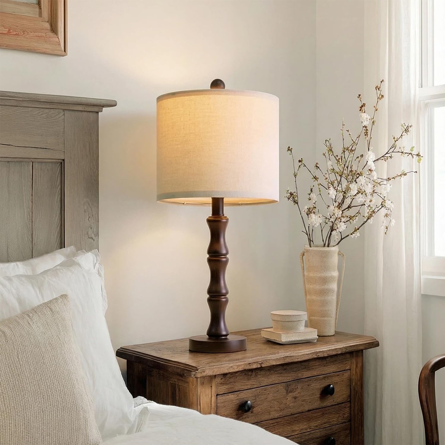 BOBOMOMO 20.5" Classic Table Lamps Set of 2, Farmhouse Nightstand Lamps with Dark Wood Grain Resin Base & Linen Shade, Small Bedside Lamps for Bedroom, Living Room, Home Office & Cozy Apartment Décor