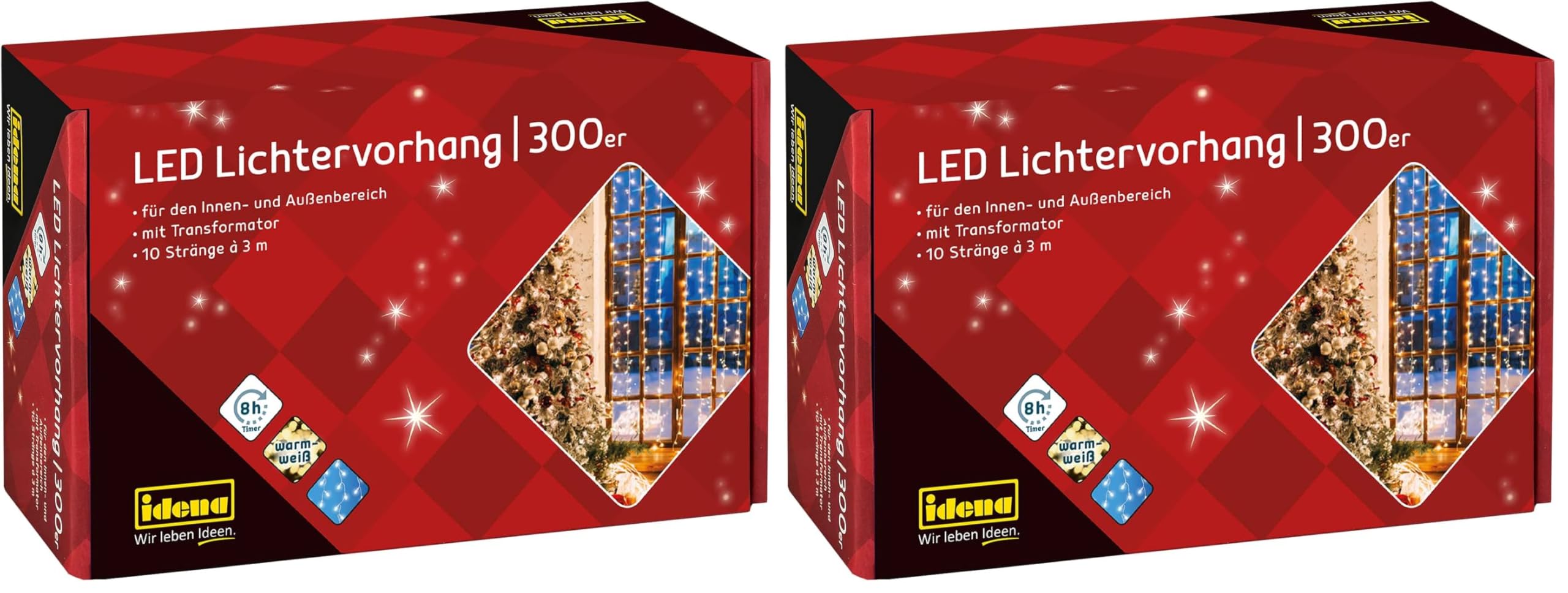Idena 31856 - LED Lichtervorhang mit 300 LED in warmweiß, mit 8 Stunden Timer Funktion & Transformator, mit 10 Strängen ca. 3 x 3 m groß, Deko für Innen & Außen, als Party Deko, Weihnachtsdeko
