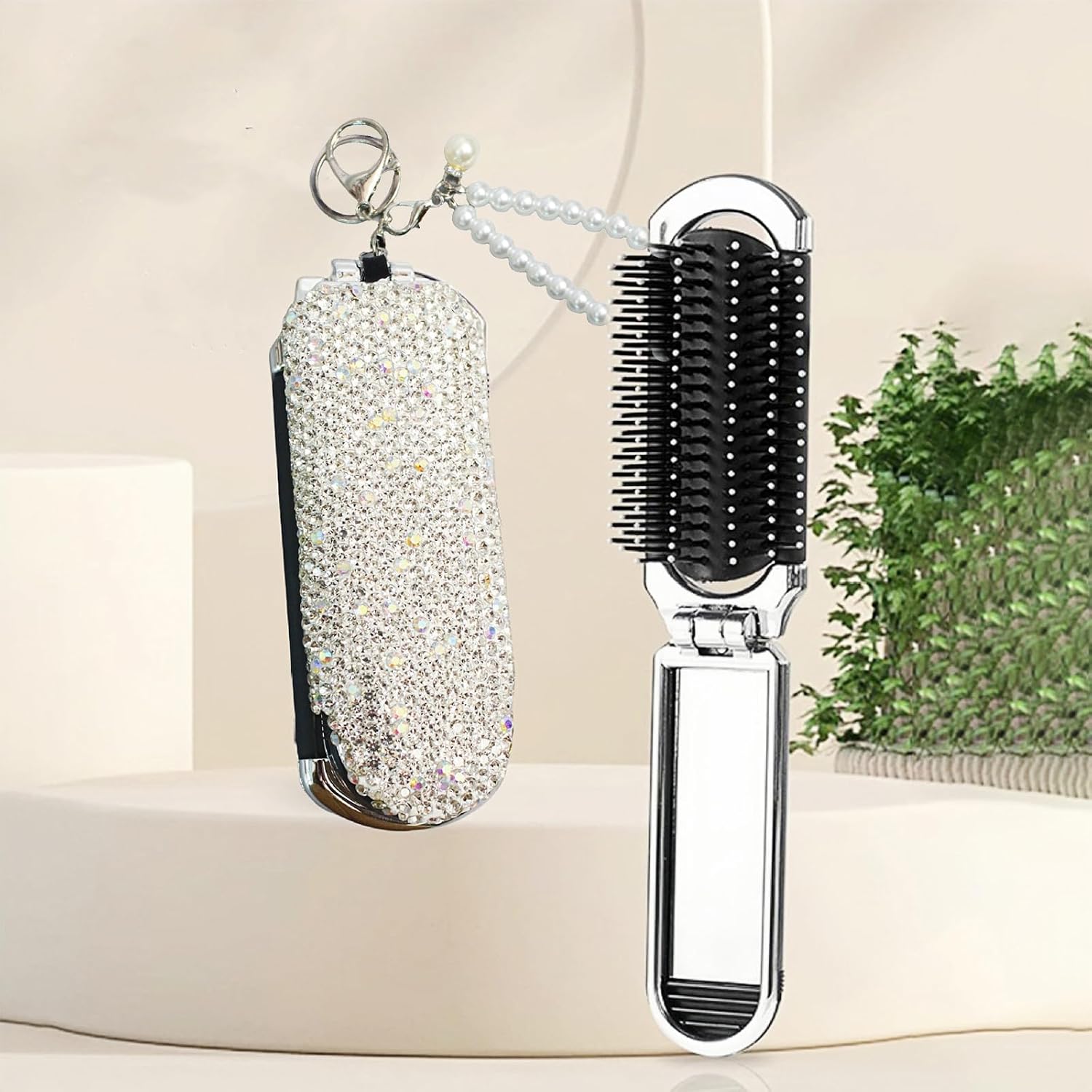 1 Pack Rhinestone Pocket Hair Brush with Mirror Keychain Bling Travel Folding Combs Sparkle Portable Collapsible Compact Comb for Women Silver image 3