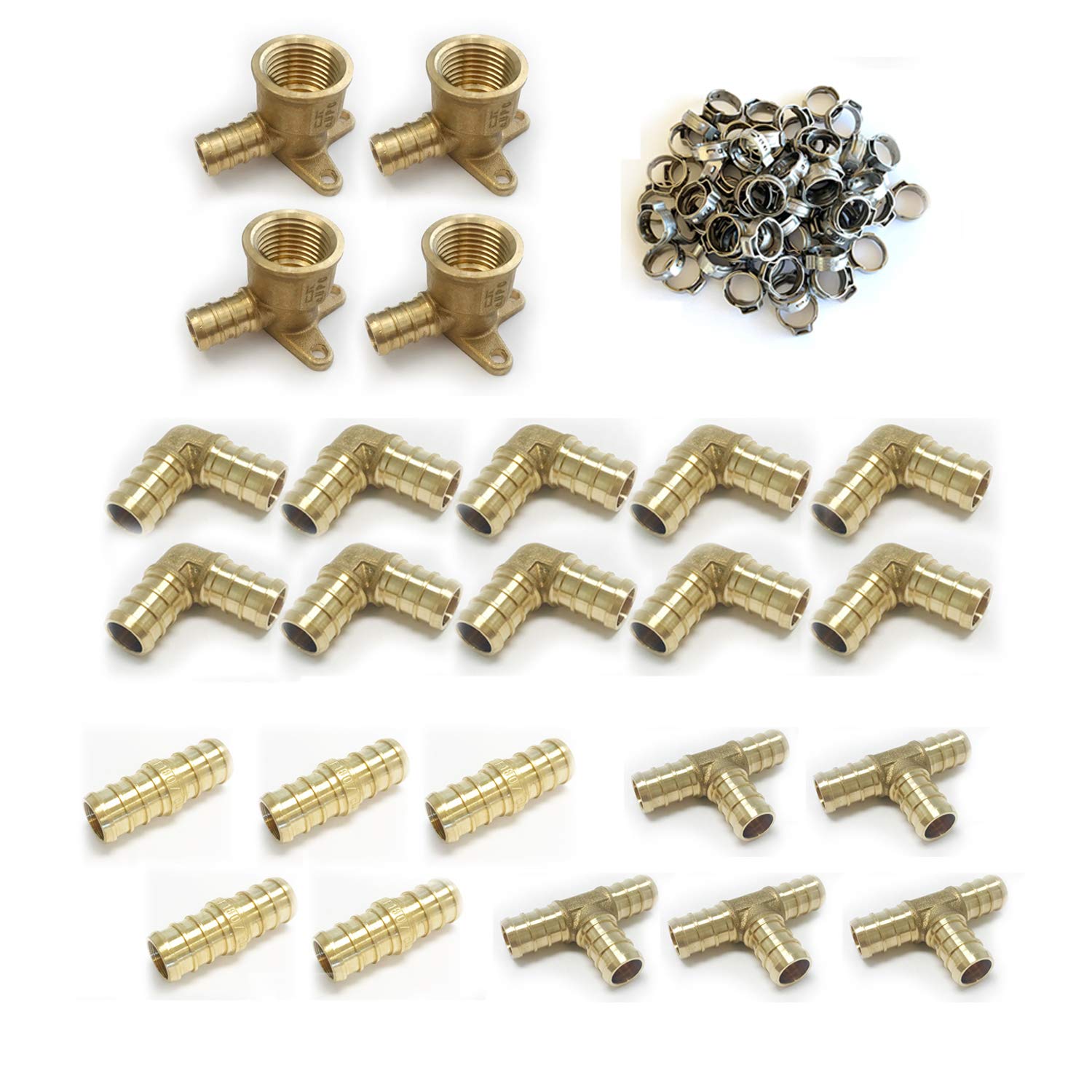 Efeld Lot de 74 raccords Pex 1/2" 50 pinces PEX SS 1/2" NPT Drop-Ear Coude (4 pièces) 1/2" T (5 pièces), coudes 1/2" (10 pièces), raccords 1/2" (5 pièces), sans plomb