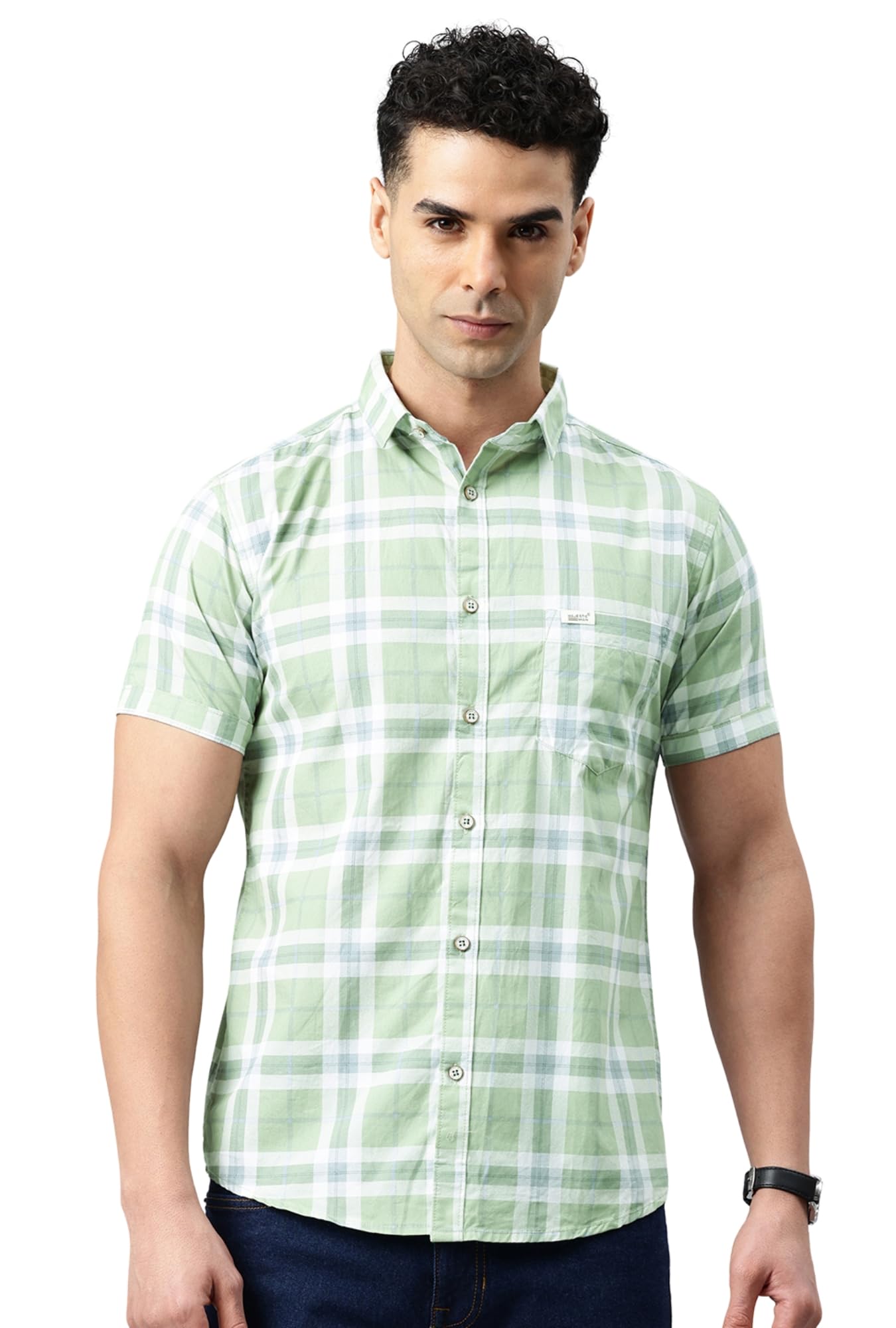 Men Slim Fit Pure Cotton Checkred Half Sleeve Casual Shirt
