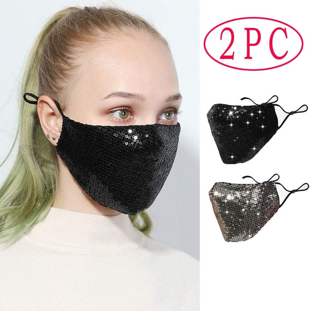 WHMQJQ 2 Pack Sequins Reusable Face Bandanas for Adults Dustproof Cotton Washable Breathable Full Face Protection